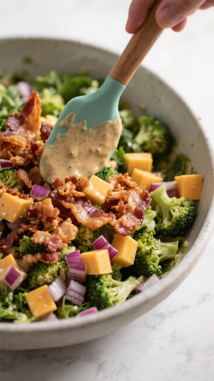 Cooking process: Crispy bacon crumbles and sharp cheddar cubes being gently folded into the dressed