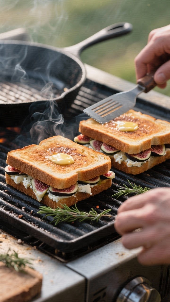Cooking process: Fig and Feta Braaibroodjie on a grill over medium heat, sandwiches aligned on a coo