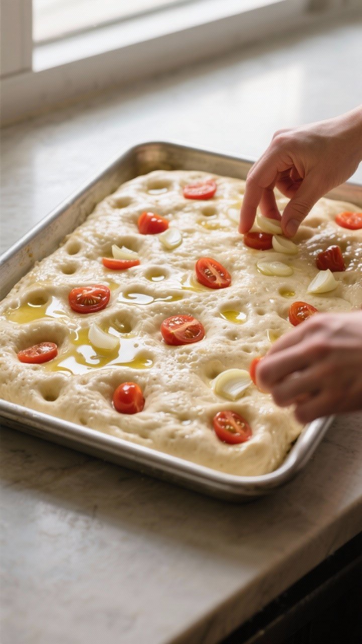 Cooking process: Final proof and dimpling stage in pan—fully risen, bubbly dough in a generously o