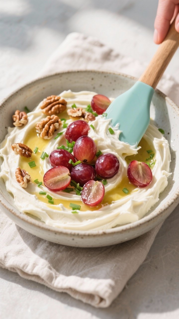 Cooking process: Gently folding halved red seedless grapes and finely chopped chives into the prepar