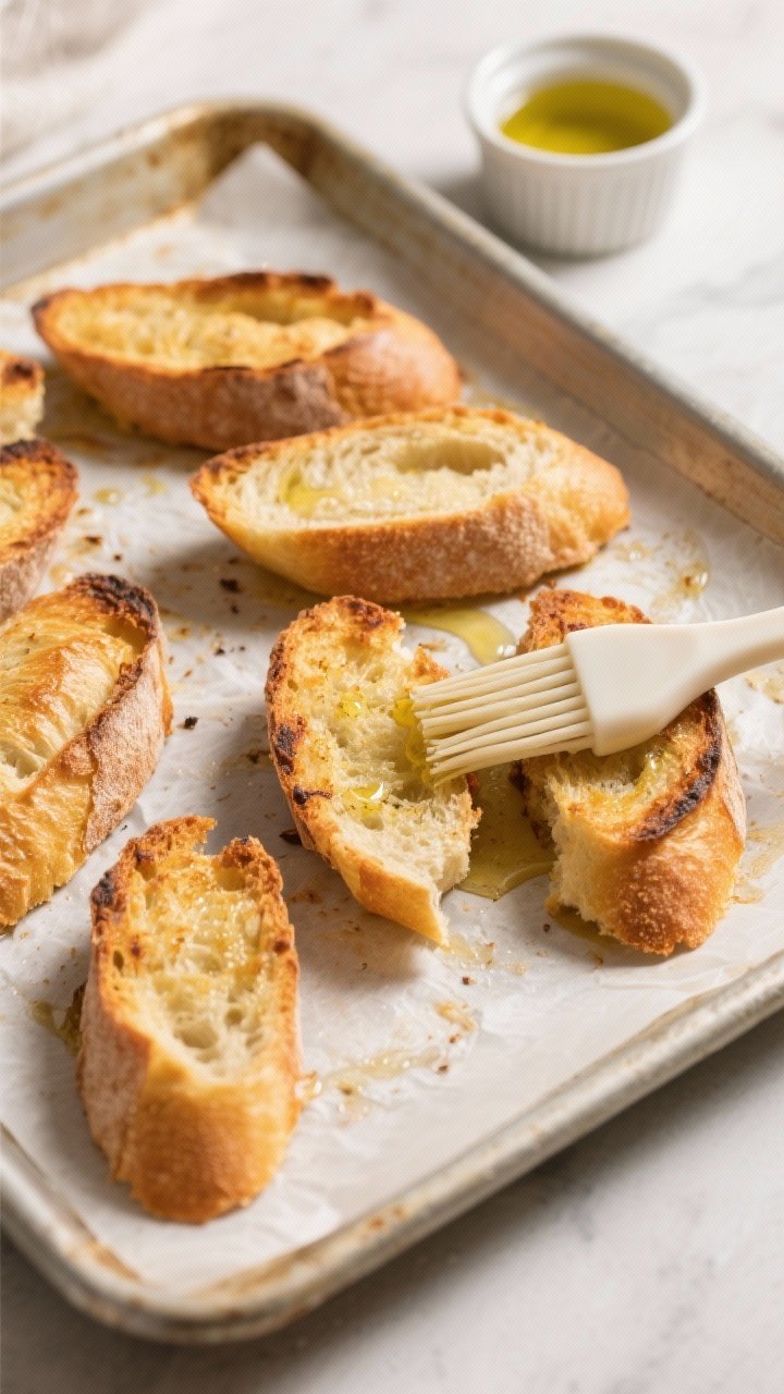Cooking process: Golden baguette crostini just out of the oven on a sheet pan, slices brushed with o