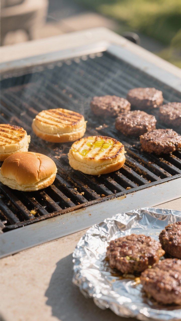 Cooking process: Golden, olive-oil-brushed slider buns being toasted cut-side down on a hot grill, e