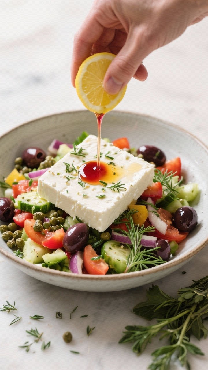 Cooking process: Greek salad assembly in progress—large bowl with dressed vegetables already coate