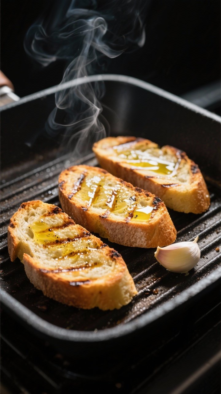Cooking process: Grill-marked bruschetta toasts on a hot grill pan, lightly brushed with olive oil, 