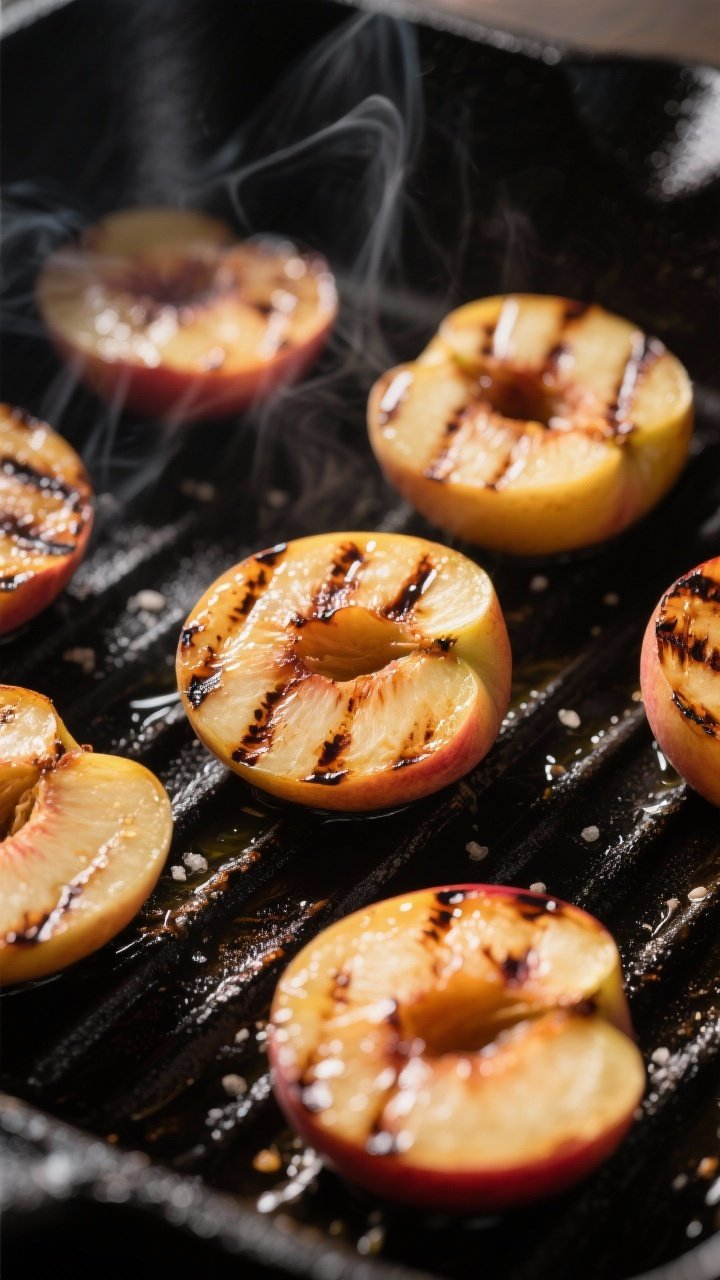 Cooking process, grill marks: Medium-close shot of halved nectarines on a hot grill pan, cut-side do