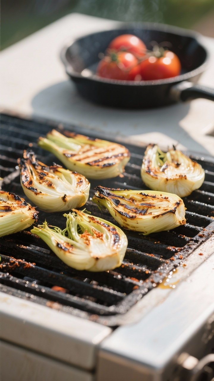 Cooking process — Grilled fennel wedges on hot grates, cut-sides deeply charred with caramelized e