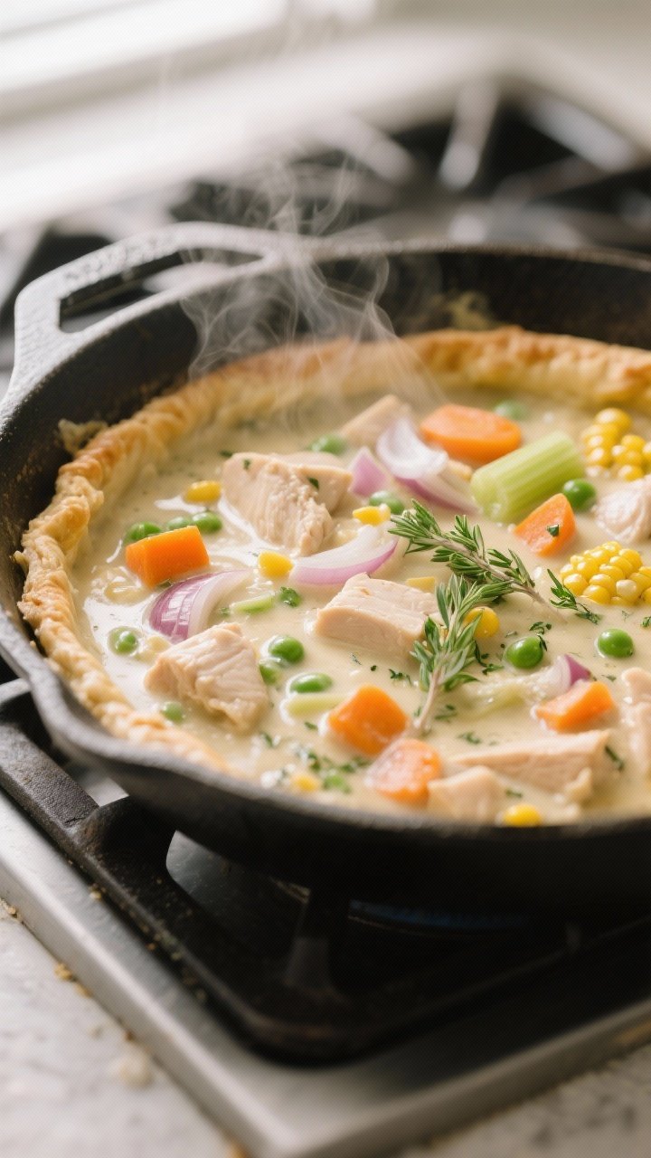 Cooking process: In a 12-inch oven-safe skillet, the creamy Kula pot pie filling simmering and bubbl
