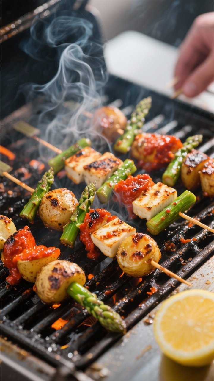 Cooking process: Kebabs sizzling on a medium-high grill, captured mid-turn with perfect char spots o