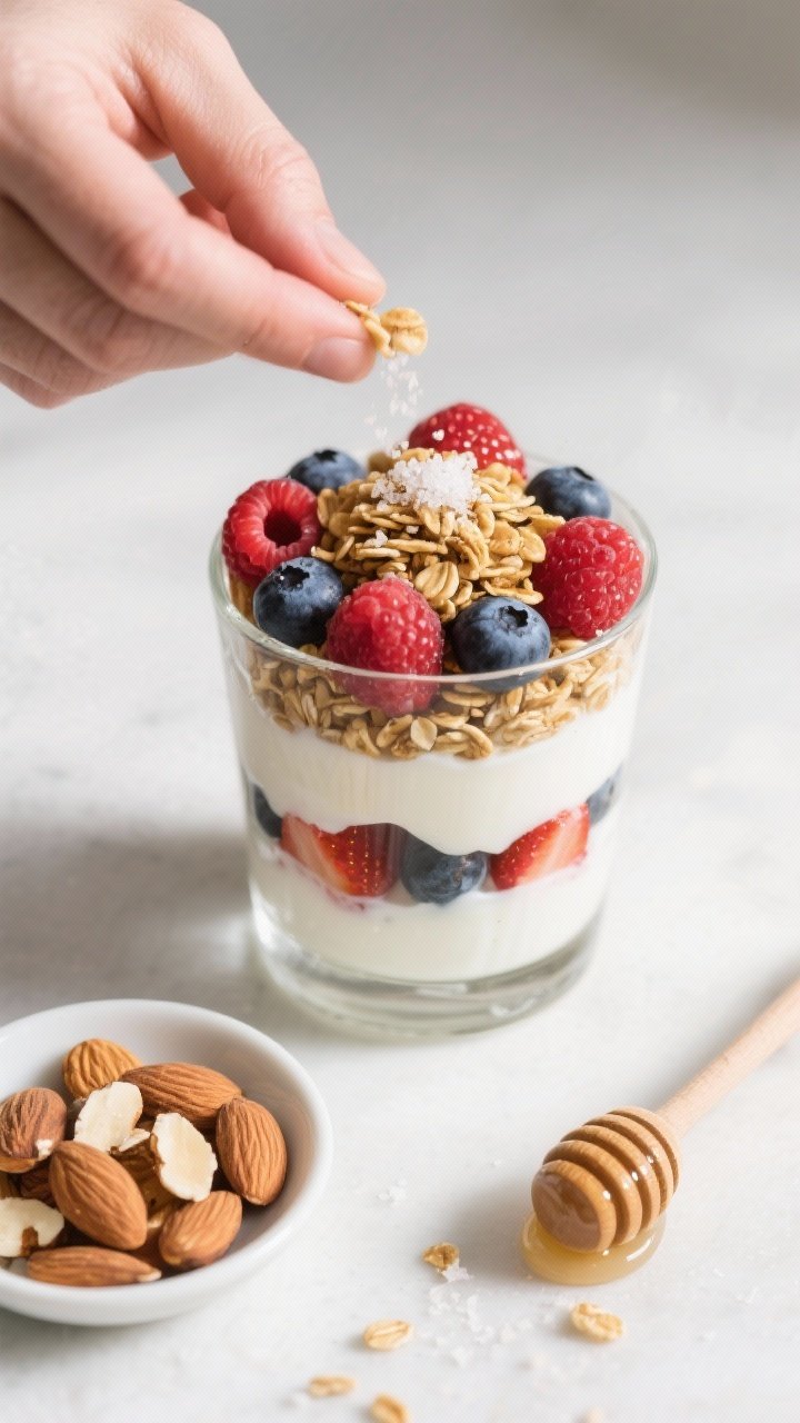 Cooking process: Layering the parfait mid-assembly—overhead shot of a clear glass showing distinct