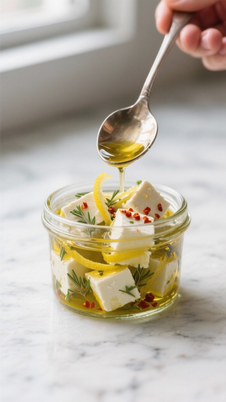Cooking process: Marinated feta cubes in a small glass jar dish, fully coated in olive oil with visi