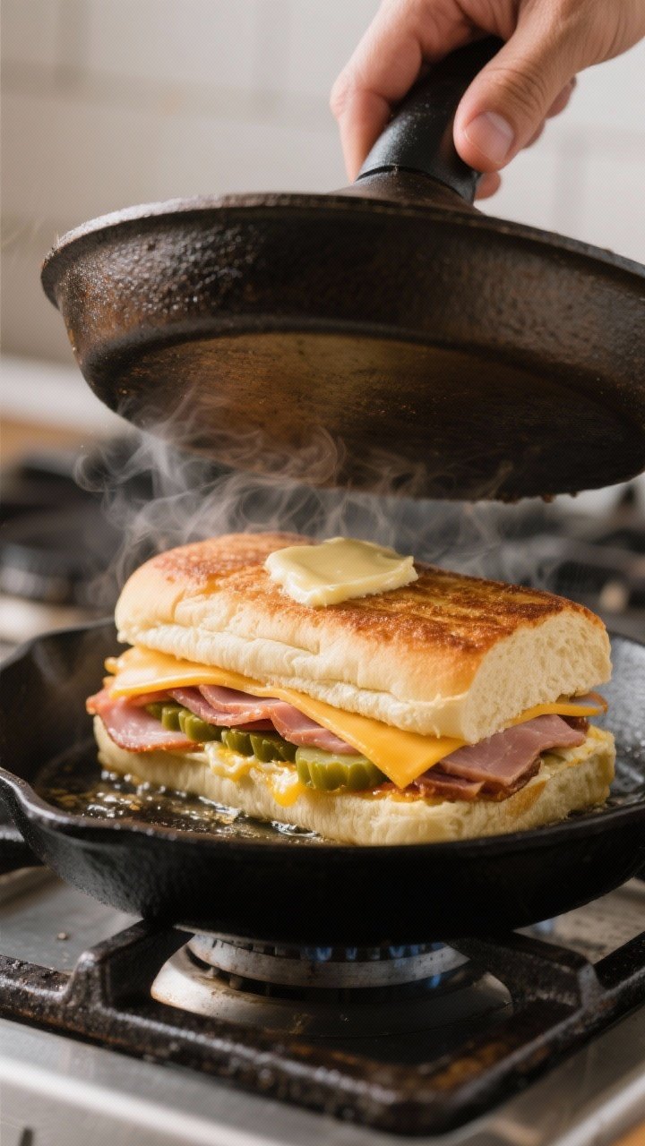 Cooking process: Medianoche being pressed in a hot cast-iron skillet with a second heavy pan on top;