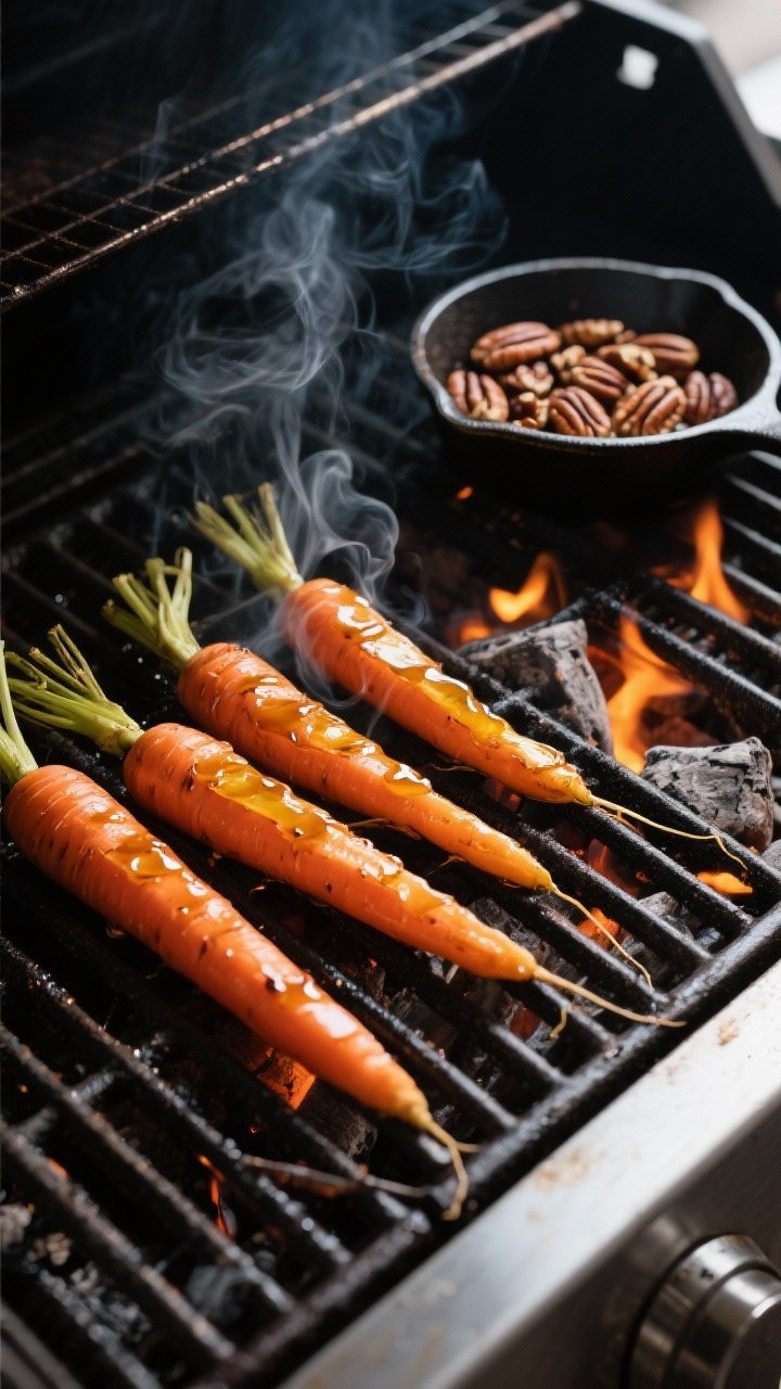 Cooking process: Medium-close shot of carrots being turned on a hot grill with clear crosswise grate
