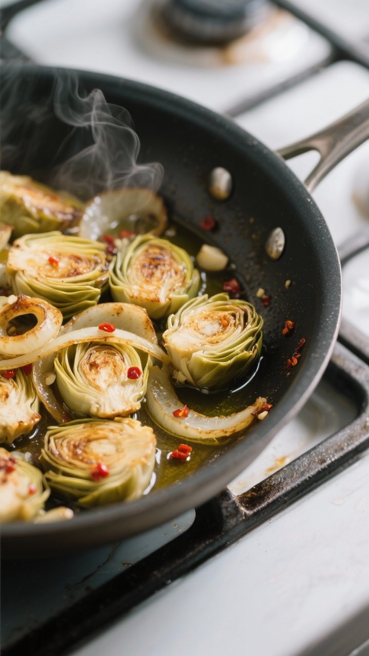 Cooking process — onions and artichokes in skillet: Close-up of sautéed, lightly caramelized onio