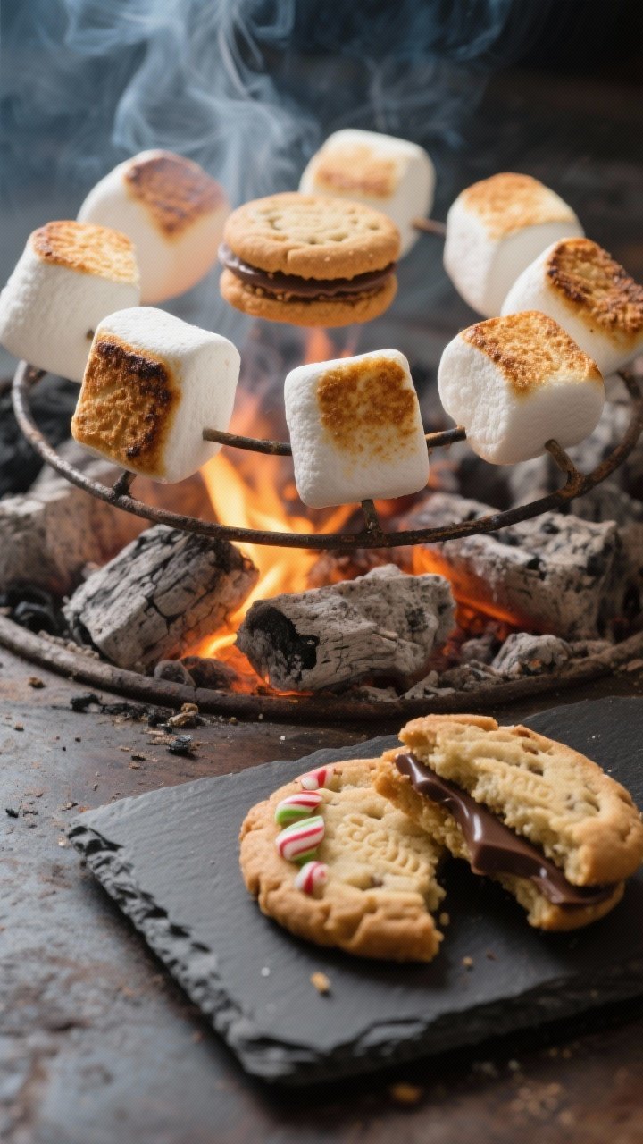 Cooking process: Over-coals scene showing multiple marshmallows slowly rotating above steady, ashy g