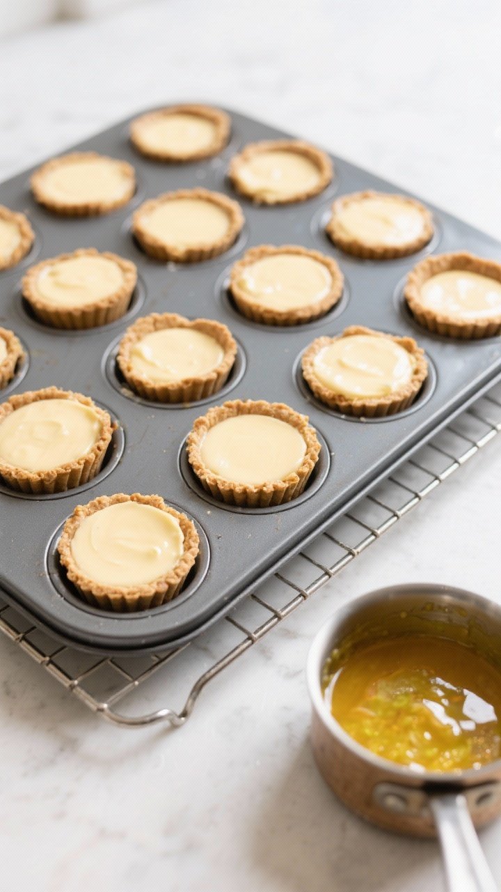Cooking process: Overhead shot of a 12-cup muffin tin on a cooling rack with par-baked graham crusts