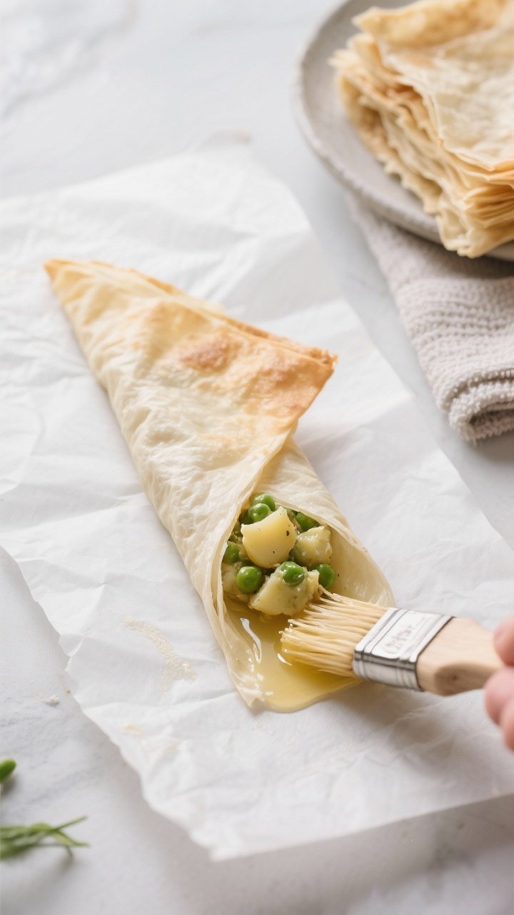 Cooking process: Overhead shot of a filo strip on parchment with a neat triangle fold in progress—
