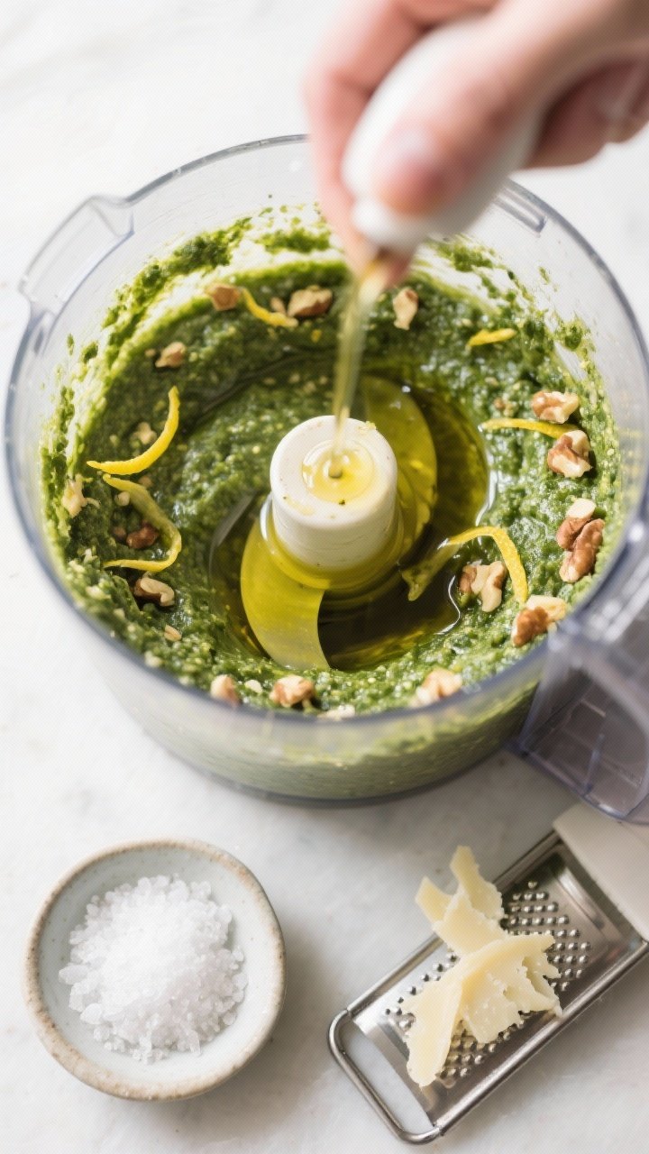 Cooking process: Overhead shot of a food processor bowl just after streaming in olive oil—pesto lo