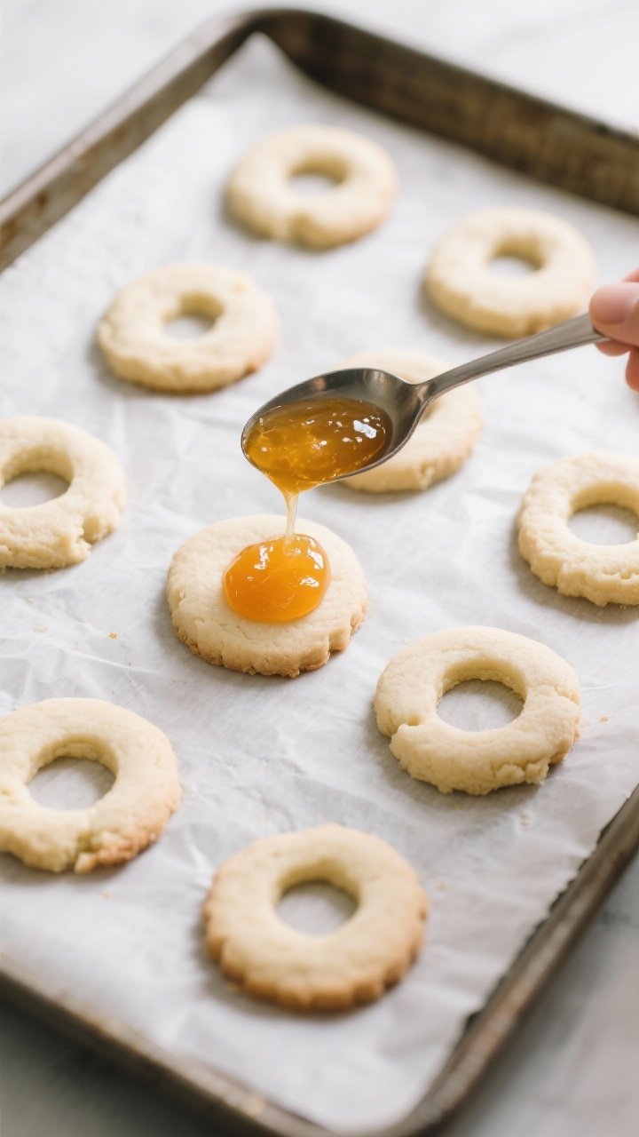 Cooking process: Overhead shot of a parchment-lined baking sheet with neatly spaced, pale baked cook