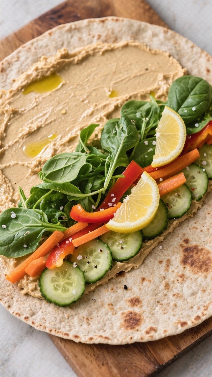 Cooking process: Overhead shot of a warmed 10-inch whole wheat tortilla on a board, evenly spread wi