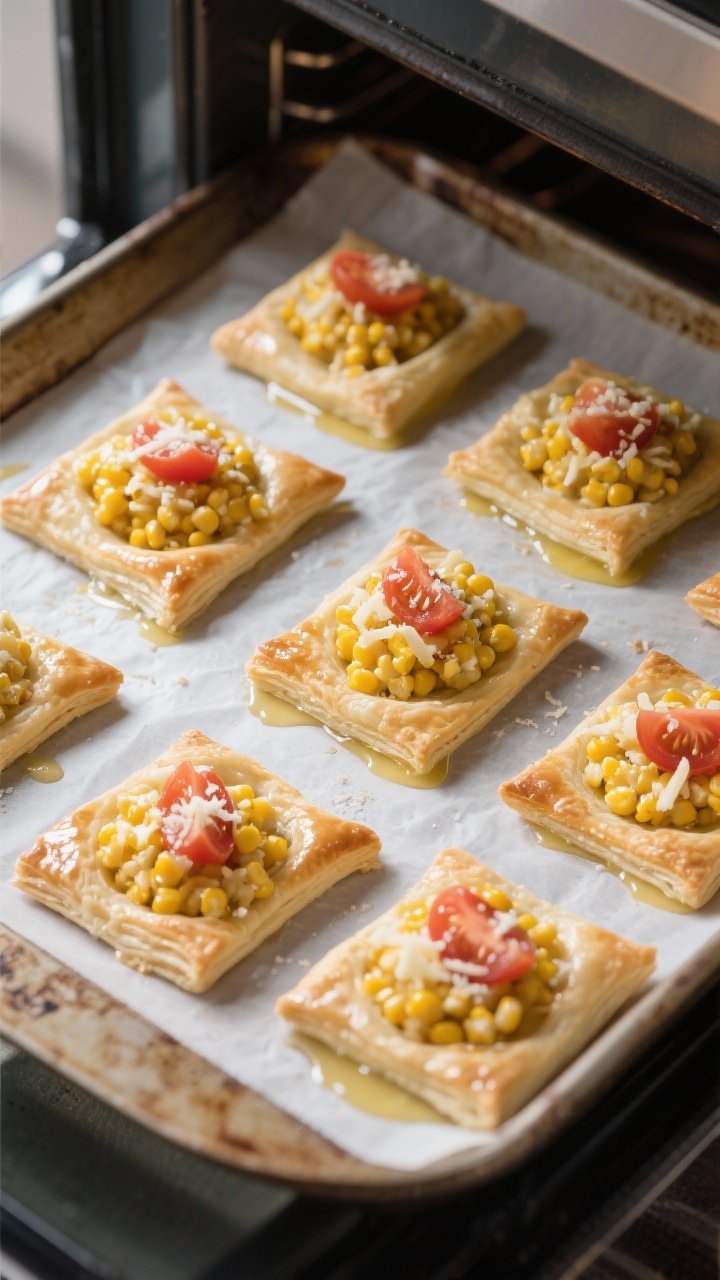 Cooking process: Overhead shot of assembled pastry squares on a preheated, parchment-lined baking sh