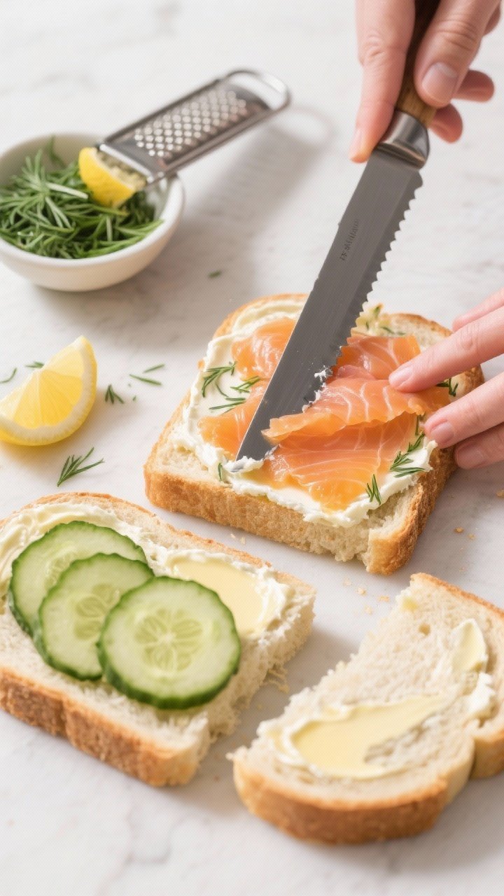 Cooking process: Overhead shot of assembly in progress—slices of soft sandwich bread lightly butte