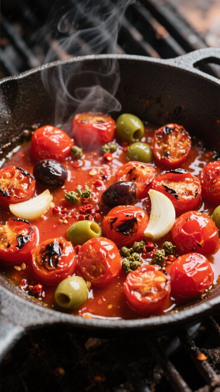 Cooking process — Overhead shot of blistered cherry tomatoes in a grill-safe pan, some burst and j
