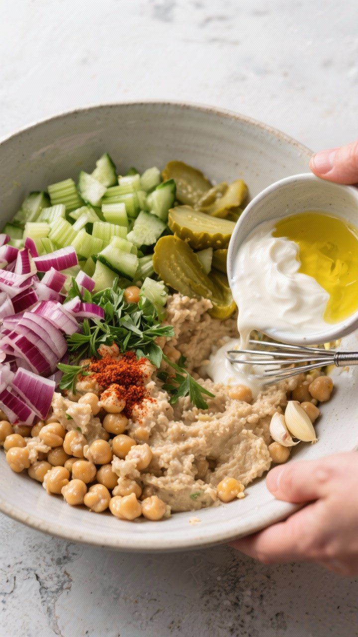 Cooking process: Overhead shot of chickpea salad being combined in a large mixing bowl—mashed chic
