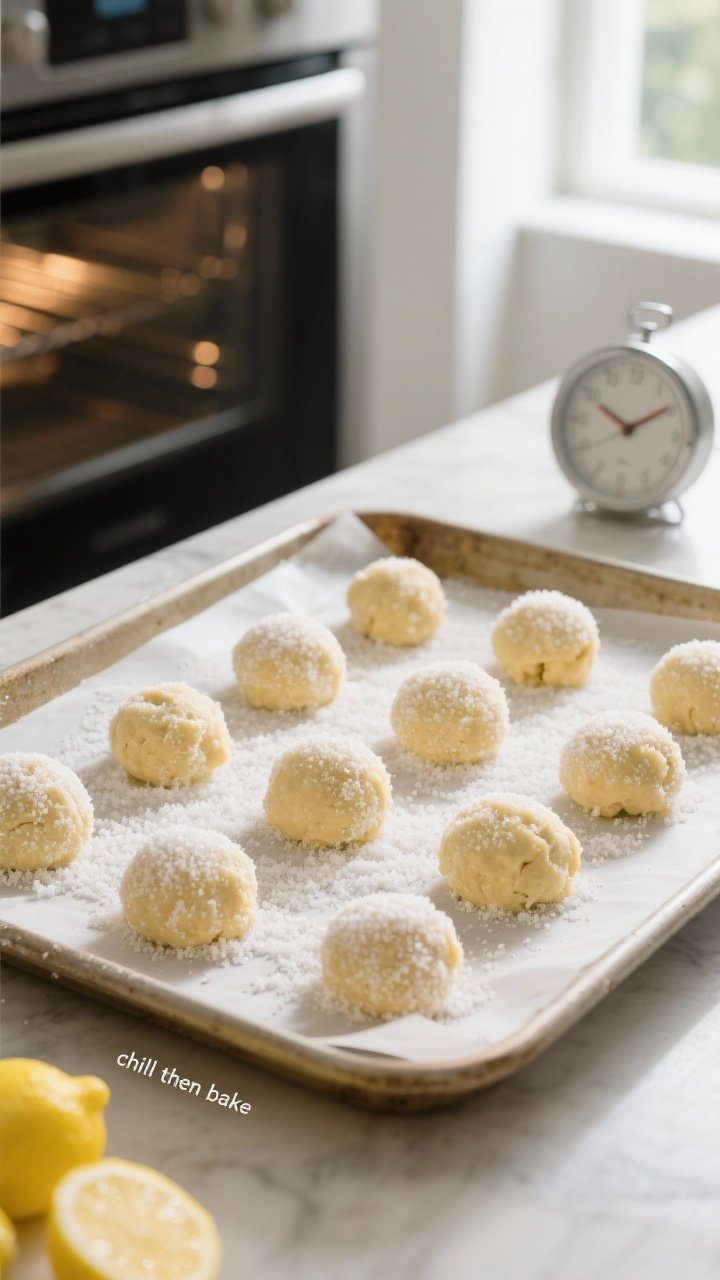 Cooking process: Overhead shot of chilled lemon cookie dough balls rolled in granulated sugar arrang