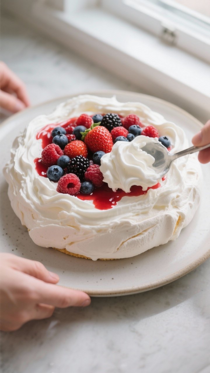 Cooking process: Overhead shot of cooled pavlova being assembled—billowy soft-peak whipped cream s