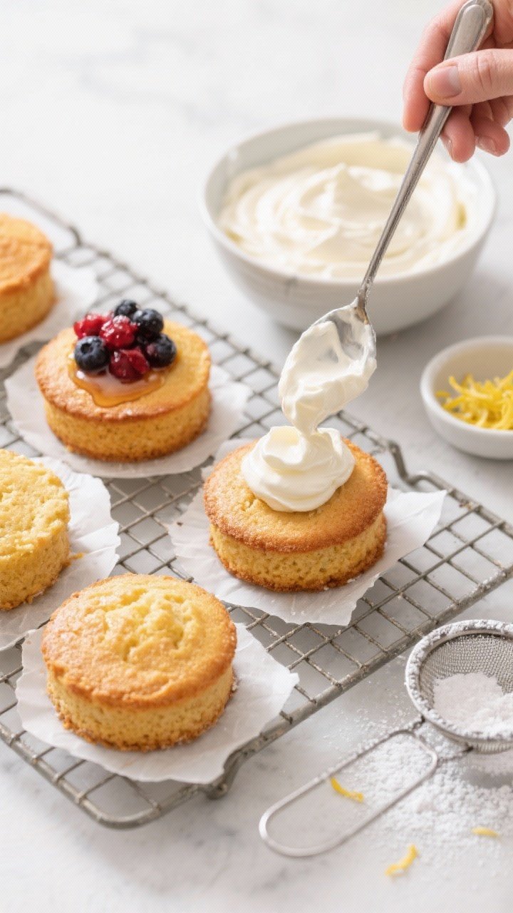 Cooking process: Overhead shot of freshly baked individual cakes cooling on a wire rack beside a chi