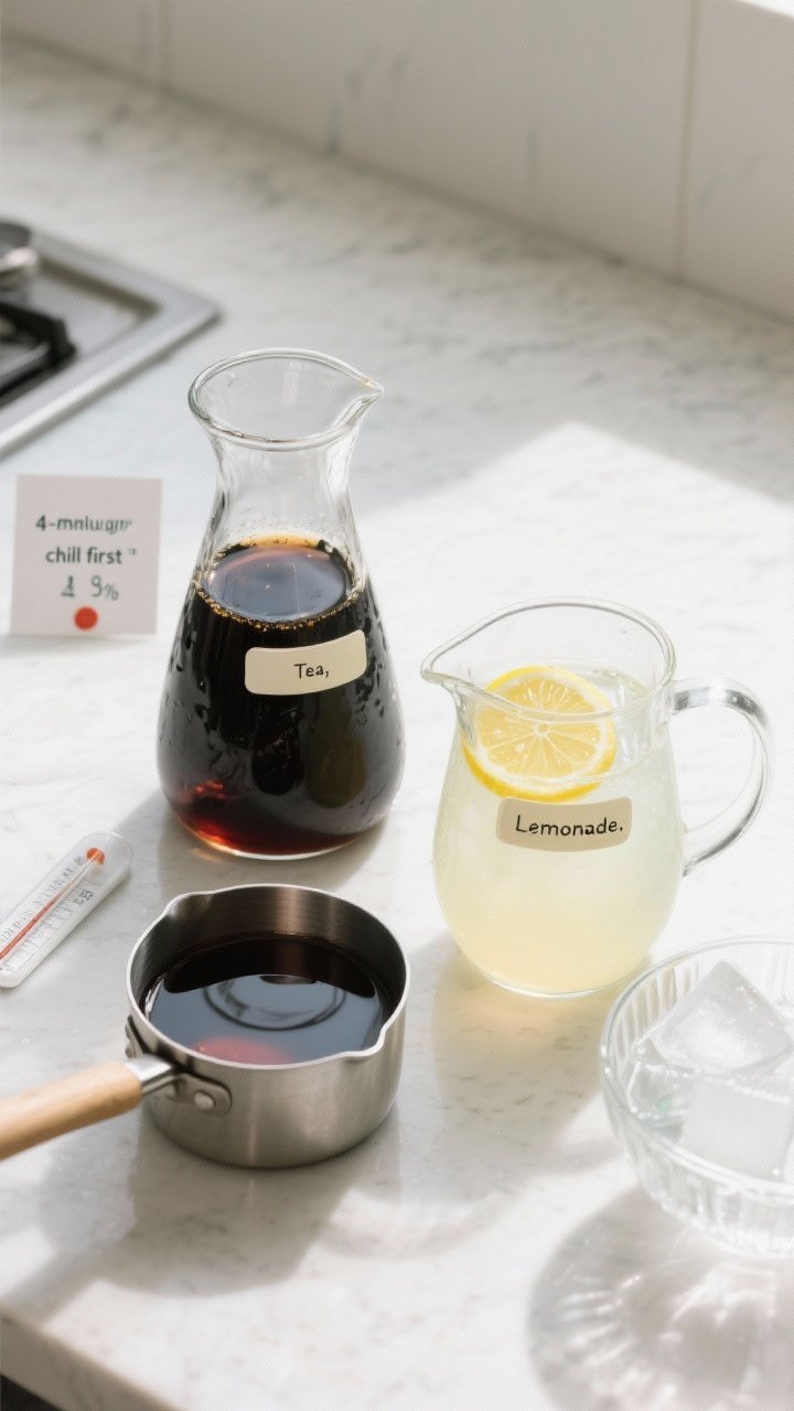 Cooking process: Overhead shot of freshly brewed black tea cooling in a glass carafe next to a small