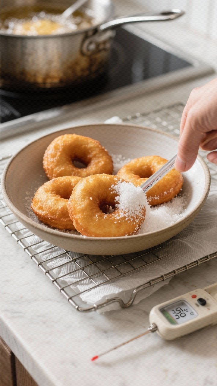 Cooking process: Overhead shot of freshly fried doughnuts being rolled in granulated sugar in a wide