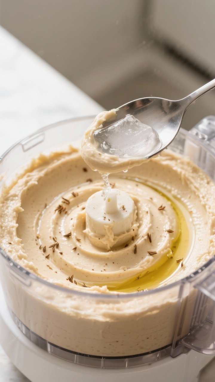 Cooking process: Overhead shot of hummus being adjusted to perfect consistency—spoon poised above 