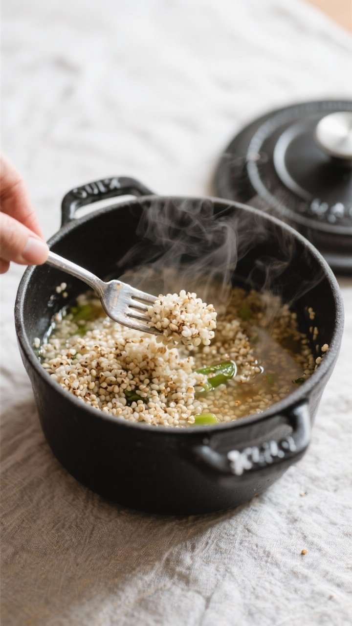 Cooking process: Overhead shot of just-cooked quinoa being fluffed with a fork in a matte black sauc