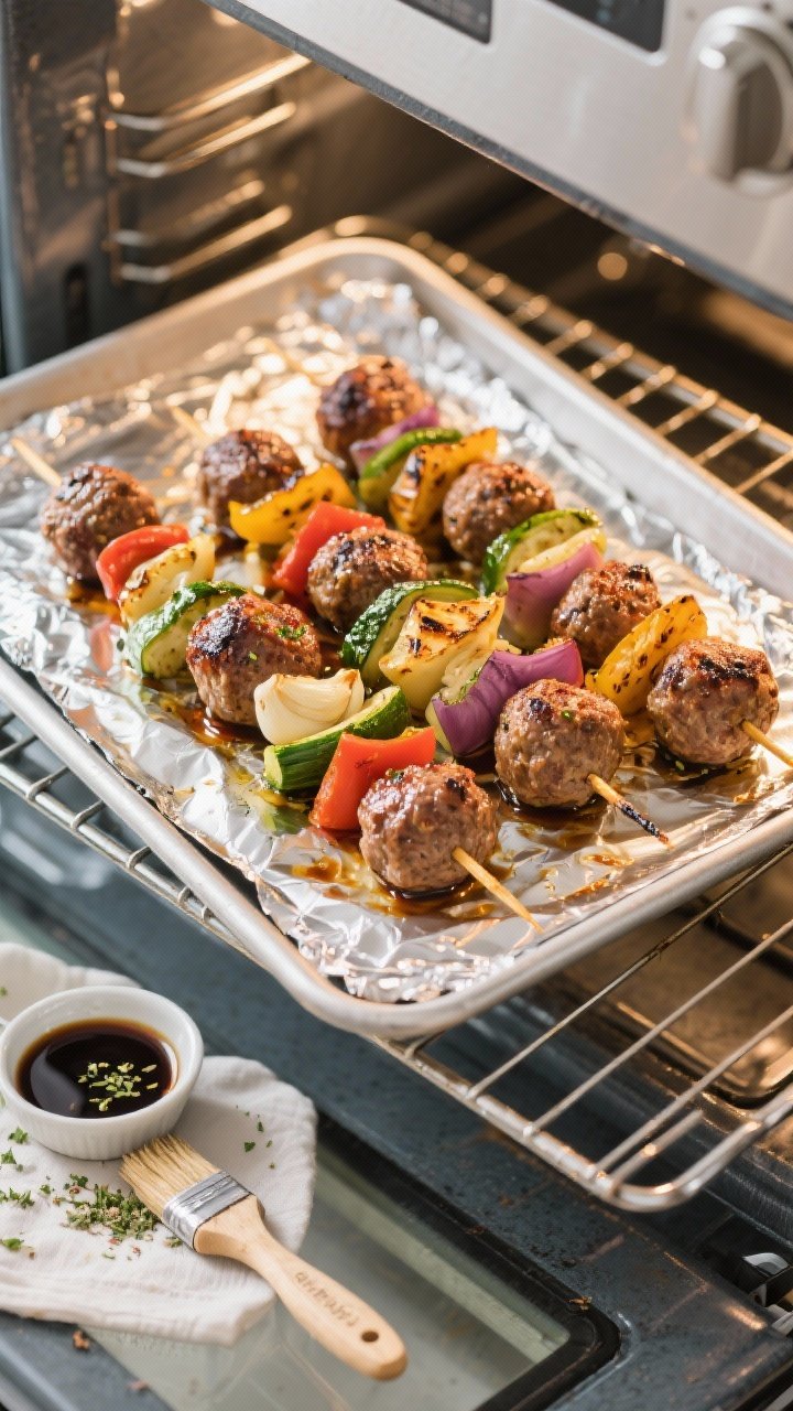 Cooking process: Overhead shot of kabobs on a foil-lined sheet pan set over a wire rack in the oven,