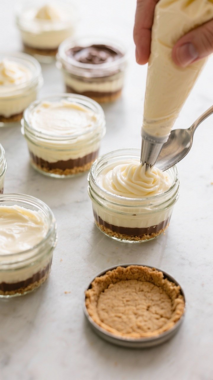 Cooking process: Overhead shot of multiple small mason jars being filled with the creamy cheesecake 
