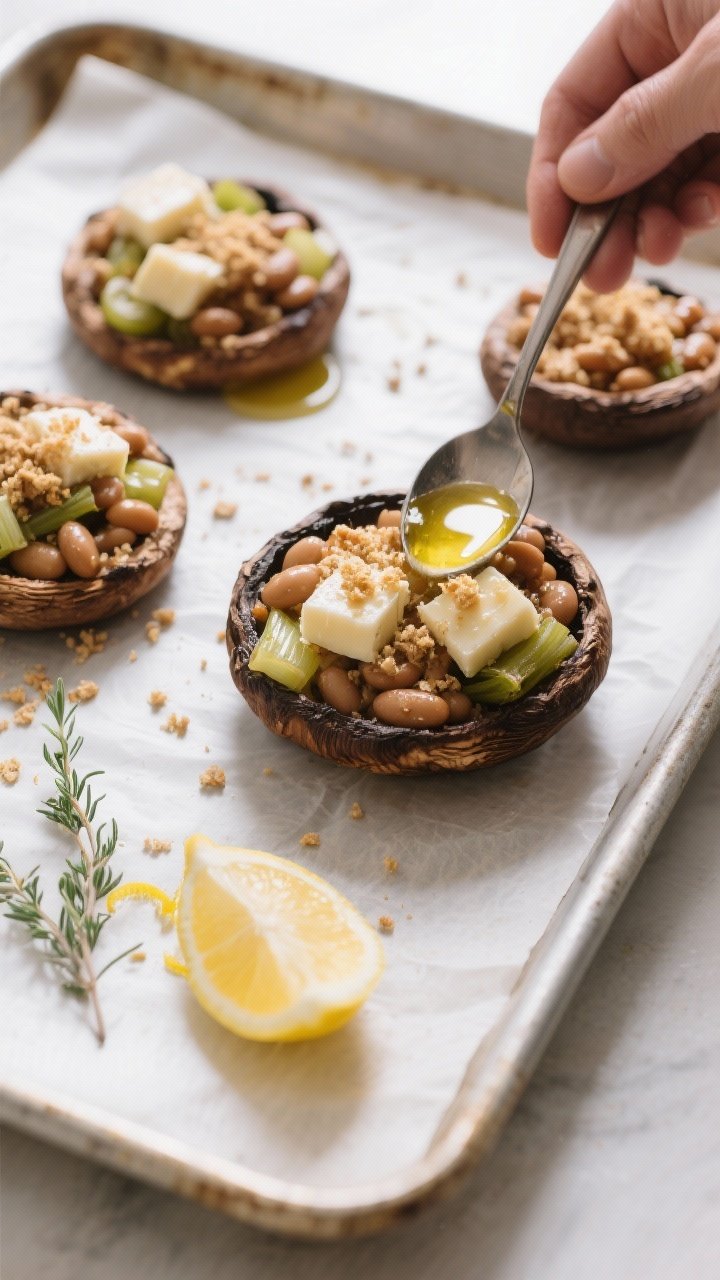 Cooking process: Overhead shot of pre-baked portobello caps being filled on a parchment-lined tray; 