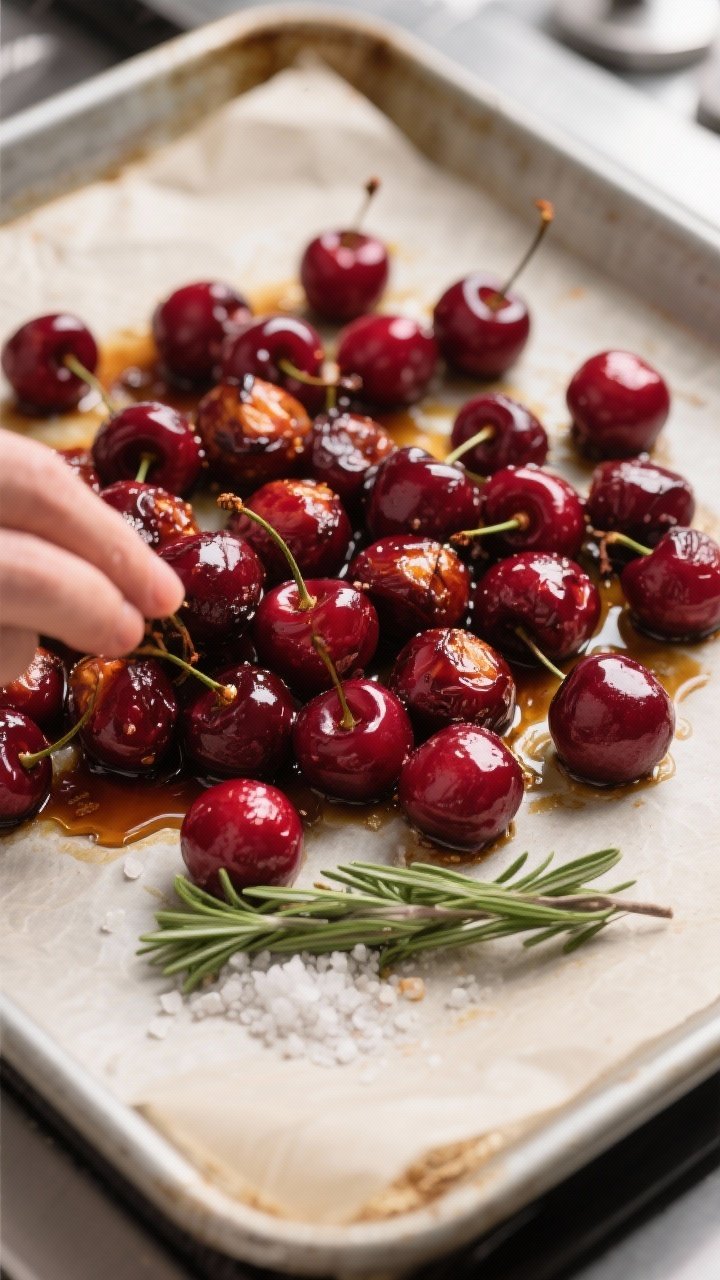 Cooking process: Overhead shot of roasted cherries being gently tossed with a drizzle of aged balsam