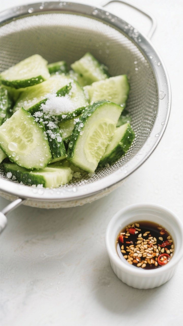 Cooking process: Overhead shot of salted cucumber pieces draining in a metal sieve over a bowl, post