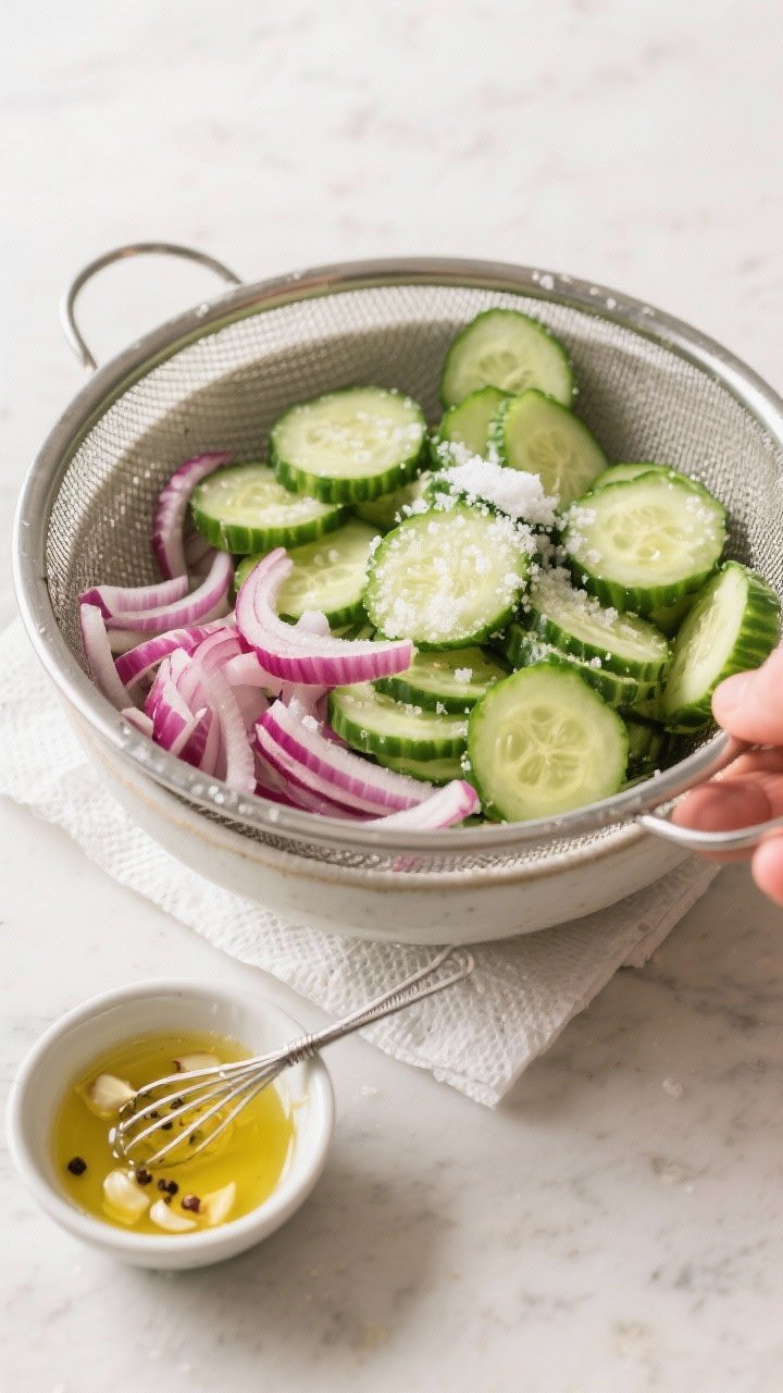 Cooking process: Overhead shot of salted, sliced cucumbers resting in a fine-mesh colander over a mi