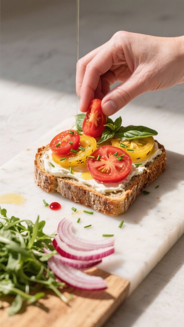 Cooking process: Overhead shot of sandwich assembly in progress—bottom slice of crusty country bre