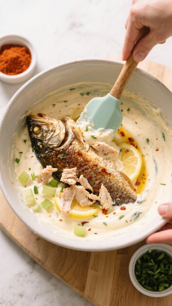 Cooking process: Overhead shot of smoked catfish being gently folded into the finished creamy base w
