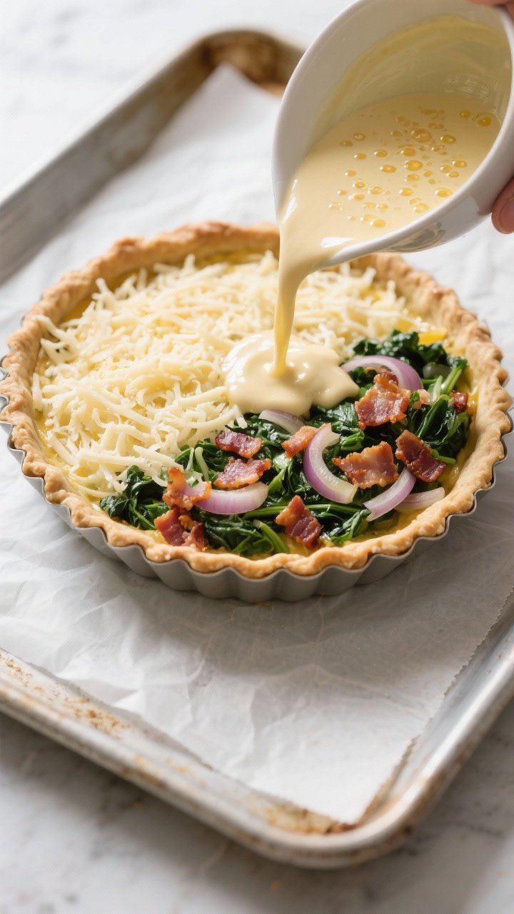 Cooking process: Overhead shot of the assembled quiche just before baking, in a 9-inch pie dish on a