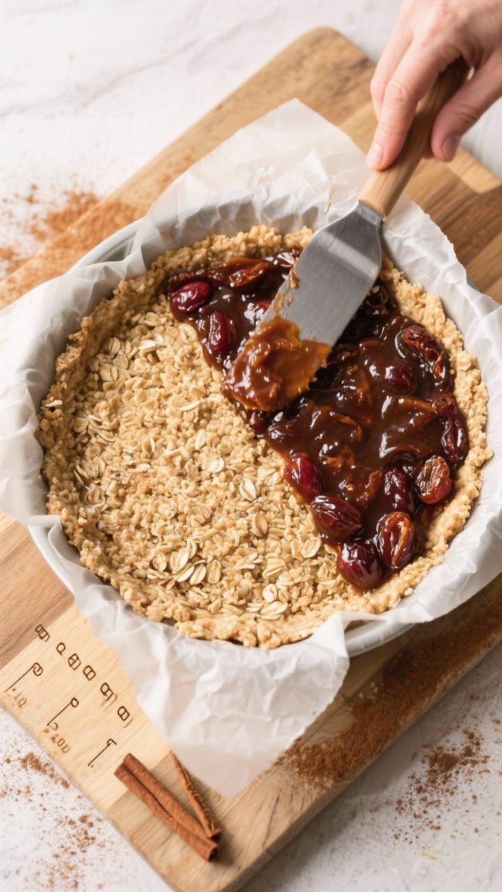 Cooking process: Overhead shot of the assembling stage in the parchment-lined 8-inch pan—two-third