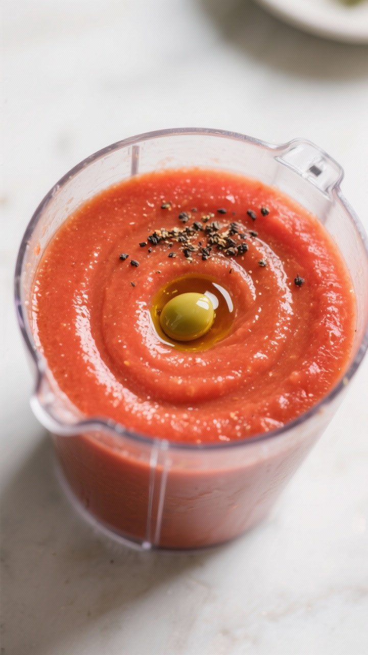Cooking process: Overhead shot of the blender jar just after emulsifying—the gazpacho base is ultr