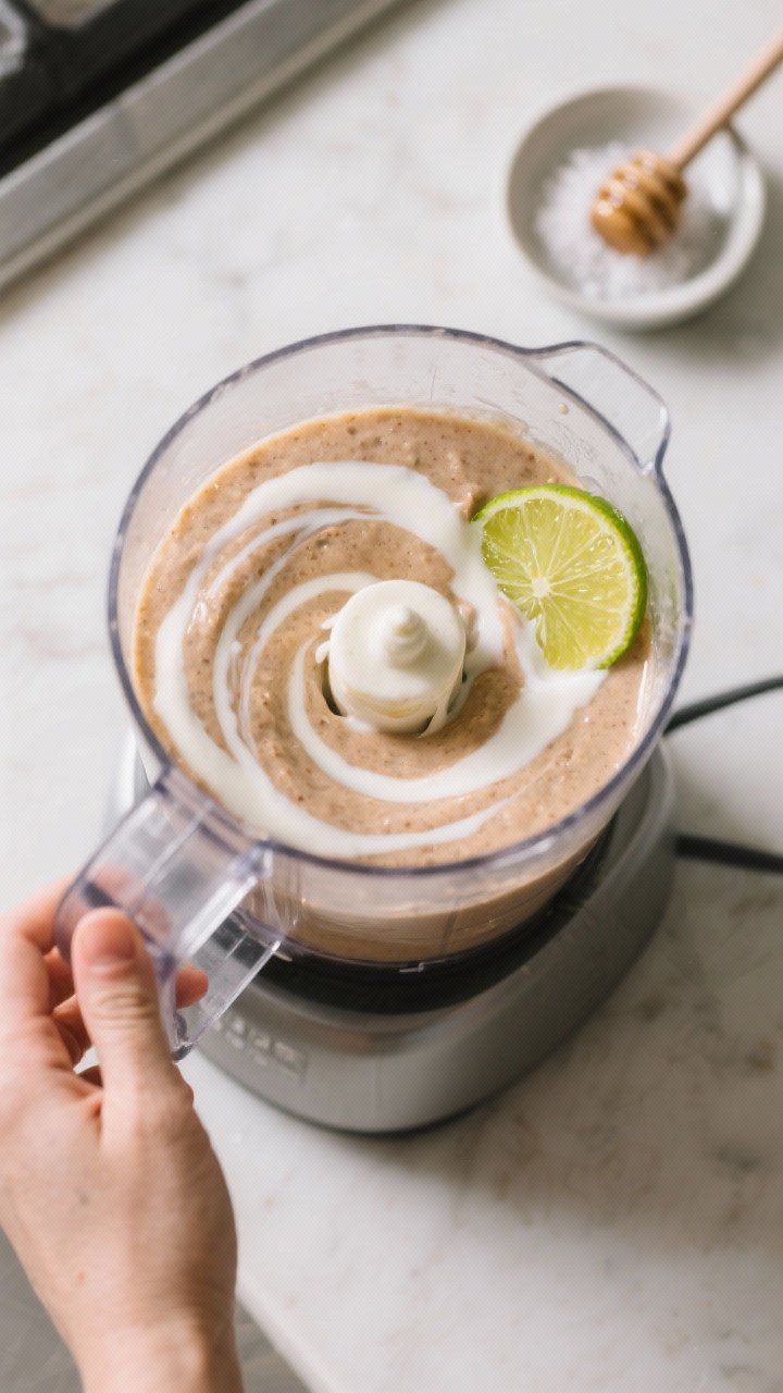 Cooking process: Overhead shot of the blending stage mid-whirl—smoothie base already partially ble