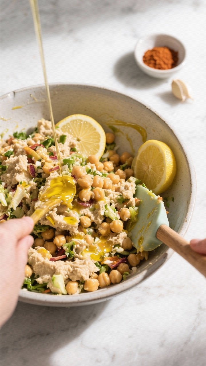 Cooking process: Overhead shot of the chickpea salad being folded together with a spatula in a wide 