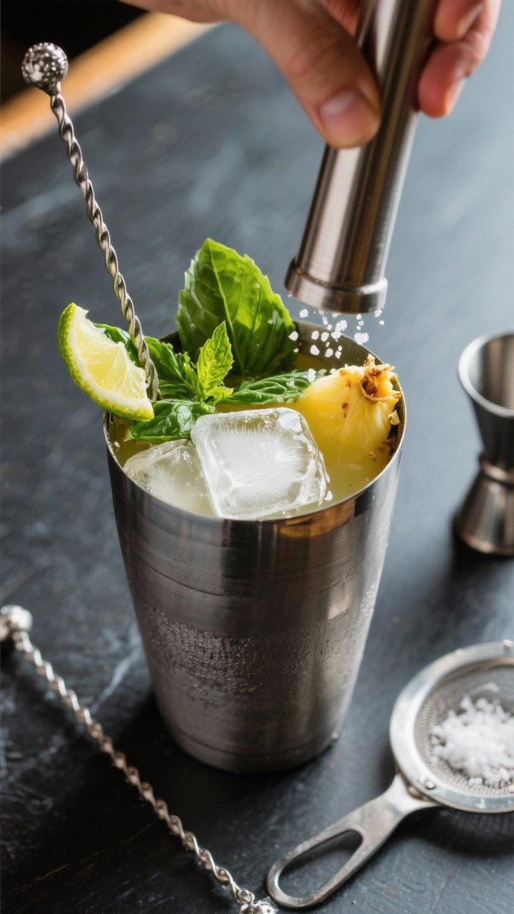 Cooking process: Overhead shot of the cocktail base being built in a stainless steel shaker—muddle