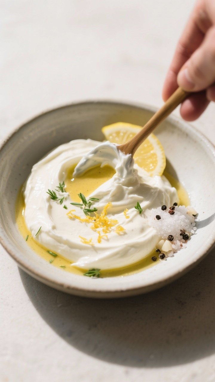 Cooking process: Overhead shot of the dip base being gently stirred in a medium bowl—crème fraîc