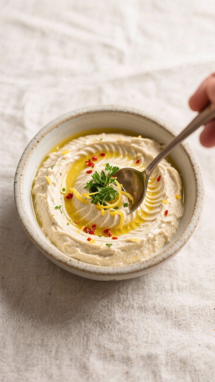 Cooking process: Overhead shot of the finished dip being swirled in a shallow ceramic bowl with the